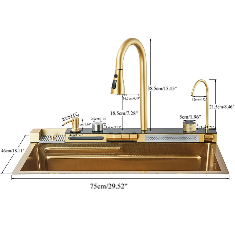 Golden Smart Digital Display Integrated Kitchen Sink Set Temperature Control Waterfall Water Purifier Soap Dispenser Cup Washer