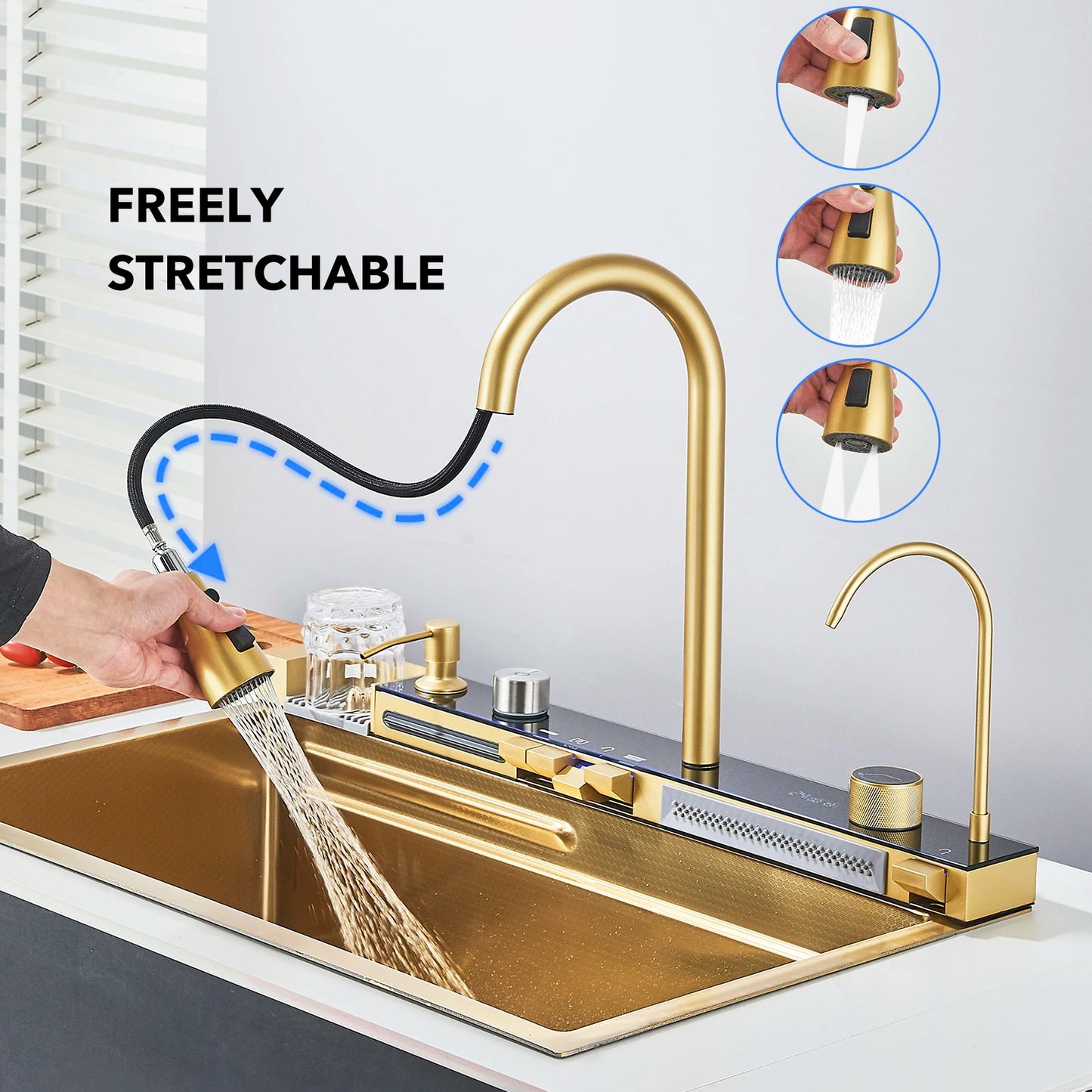 Golden Smart Digital Display Integrated Kitchen Sink Set Temperature Control Waterfall Water Purifier Soap Dispenser Cup Washer