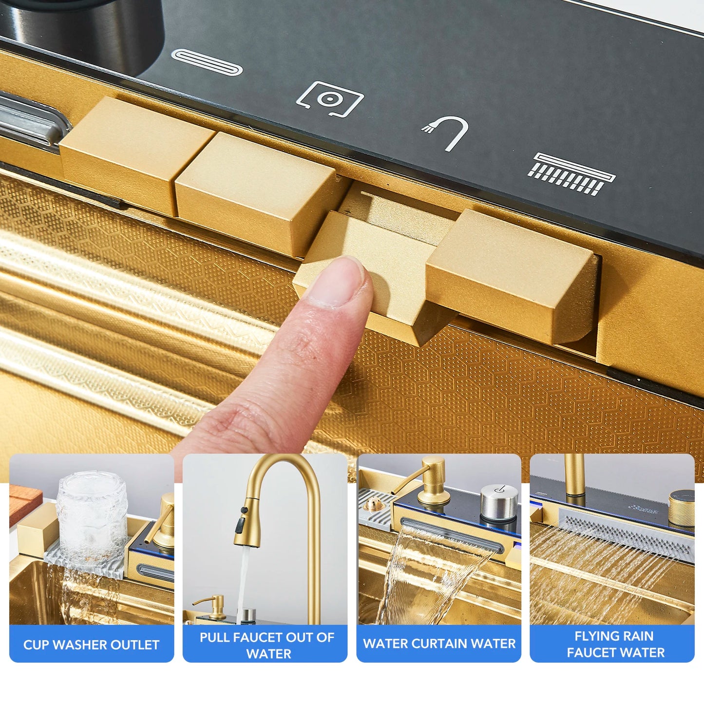 Golden Smart Digital Display Integrated Kitchen Sink Set Temperature Control Waterfall Water Purifier Soap Dispenser Cup Washer