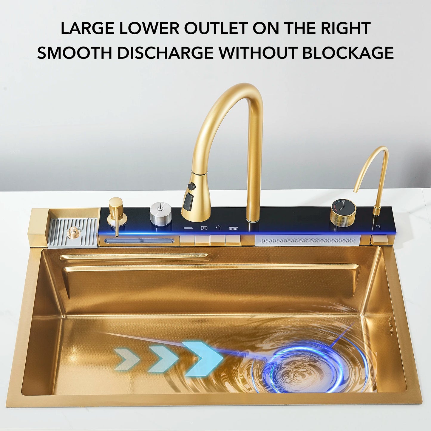 Golden Smart Digital Display Integrated Kitchen Sink Set Temperature Control Waterfall Water Purifier Soap Dispenser Cup Washer