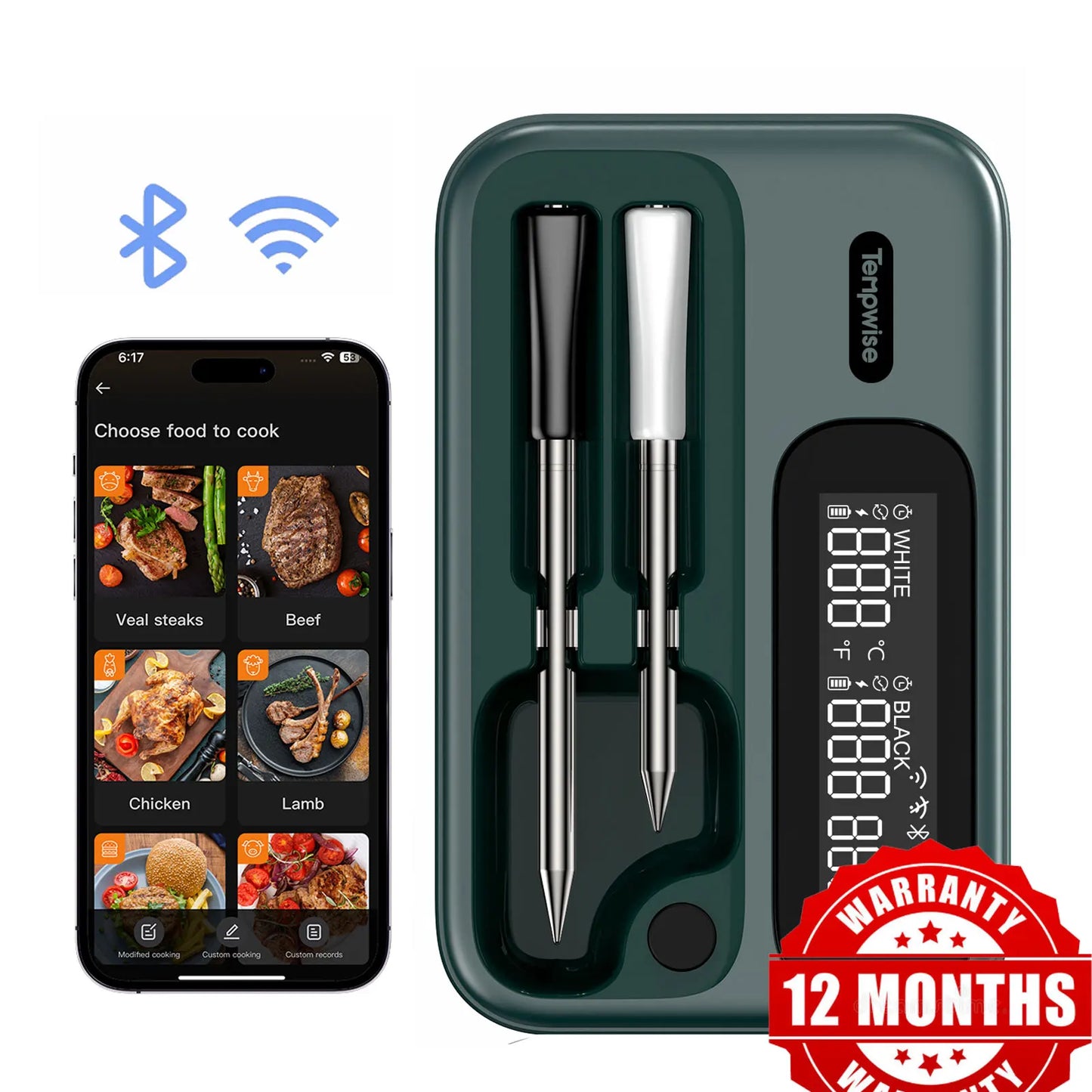 Smart Beef Meat Thermometer Wireless Bluetooth BBQ Thermometer with Long&Short Probes Precision Food Temp Gauge for Cooking
