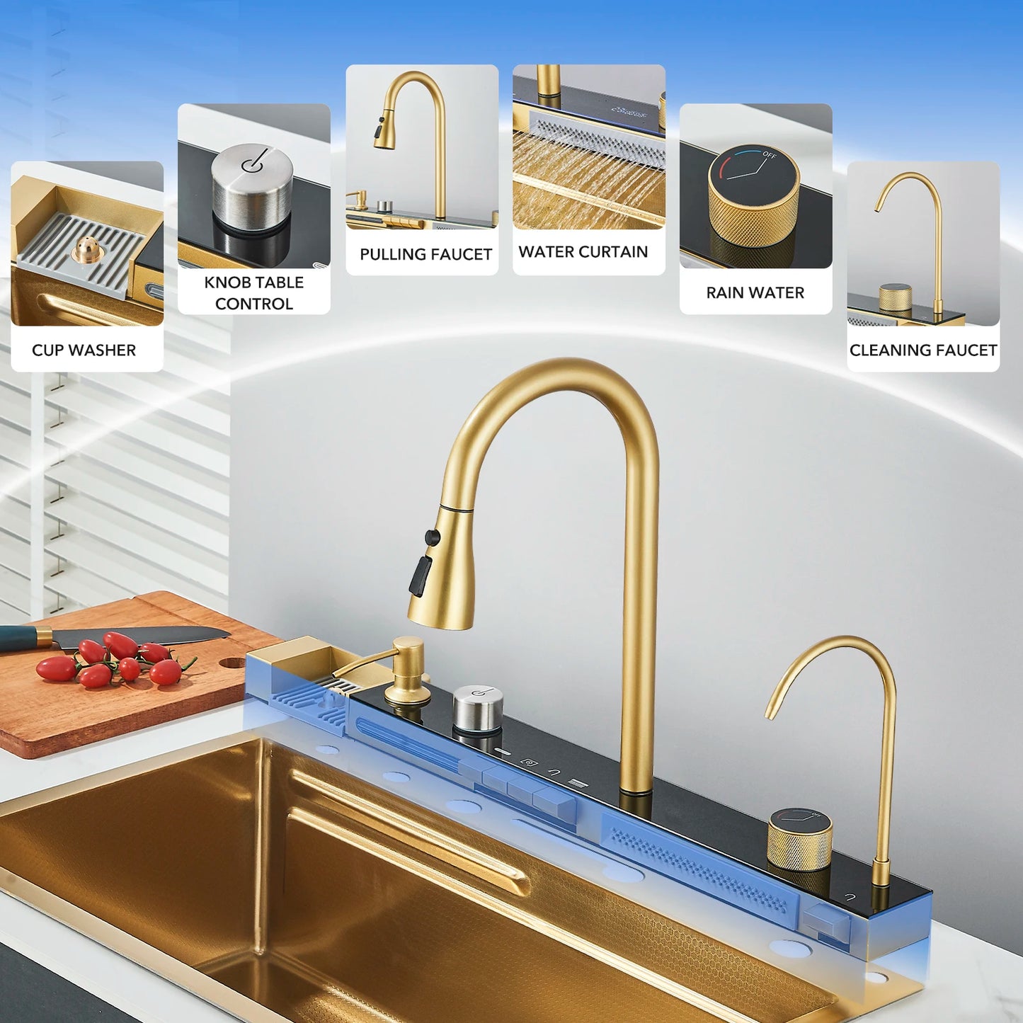 Golden Smart Digital Display Integrated Kitchen Sink Set Temperature Control Waterfall Water Purifier Soap Dispenser Cup Washer